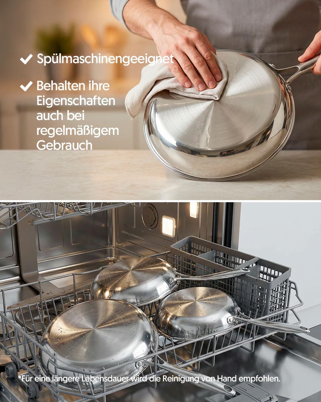 Pfannenset aus Edelstahl (3-teilig, induktionsgeeignet), Set mit 3 Pfannen