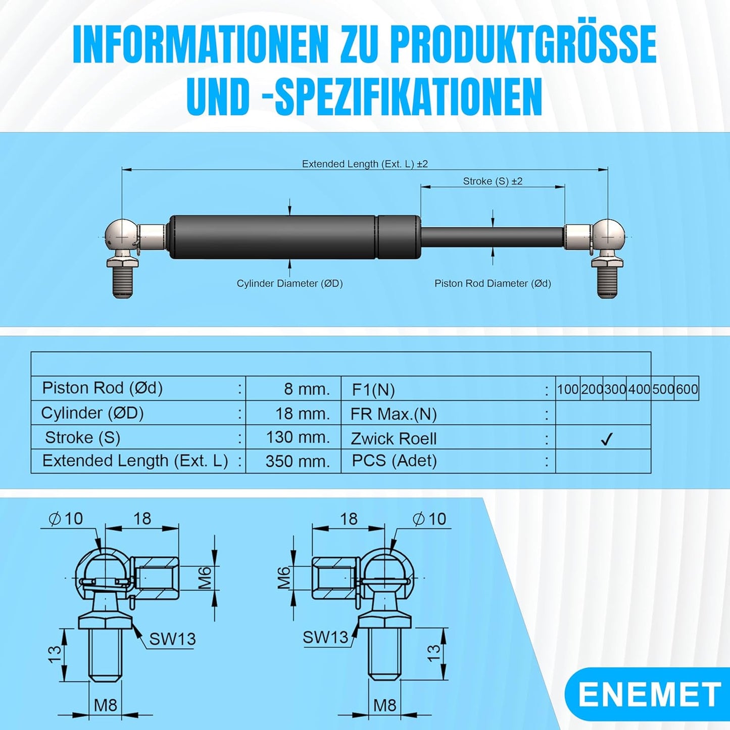 Gasdruckfeder für Türen, Möbel & Autos, 500N, 350 MM 500N