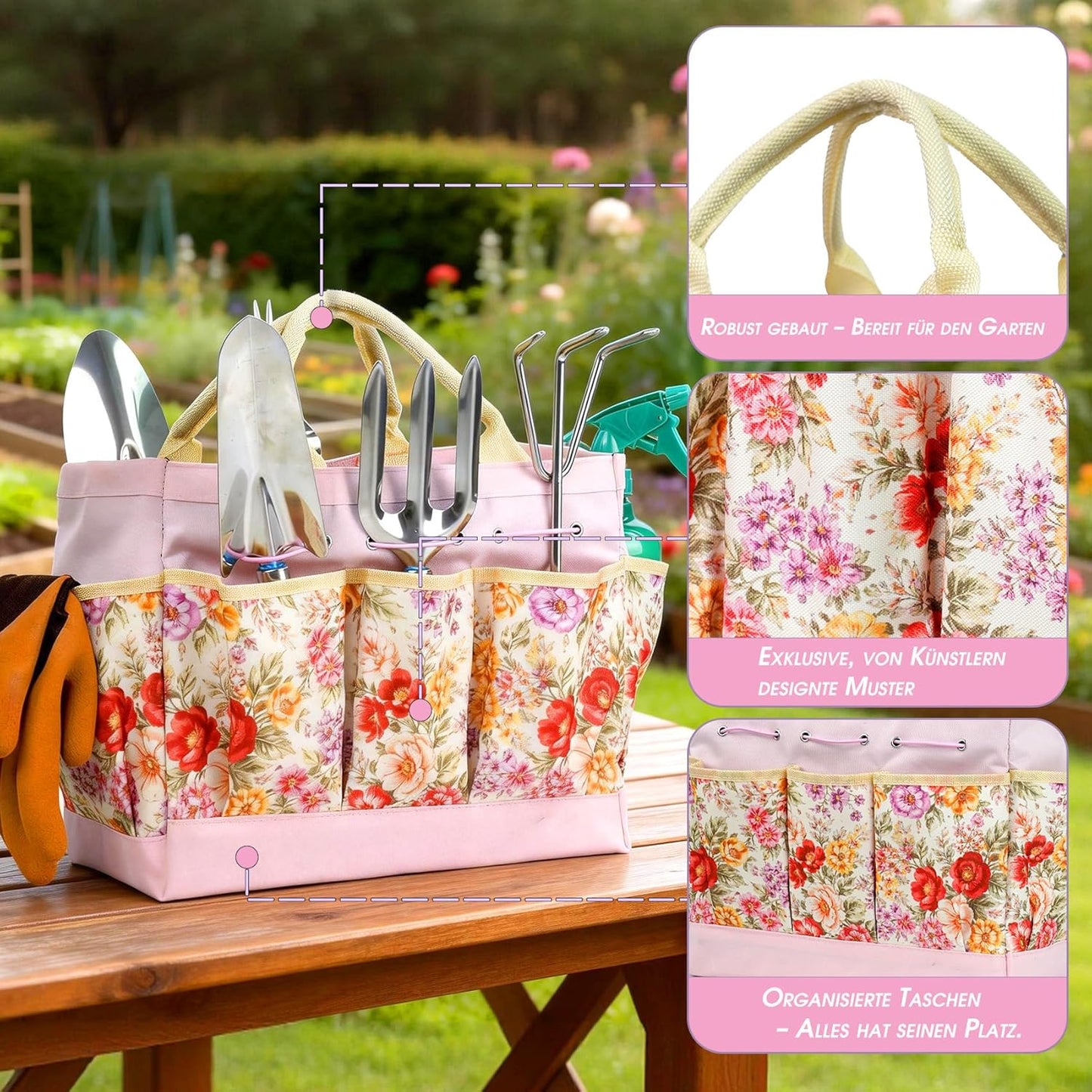 11-teiliges Gartenwerkzeug-Set mit Zubehör, Rosa