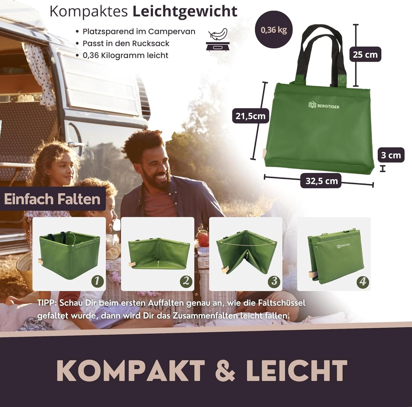 Faltbare Camping-Spülschüssel mit Griff, Olivegrün / Khaki - 22 Liter