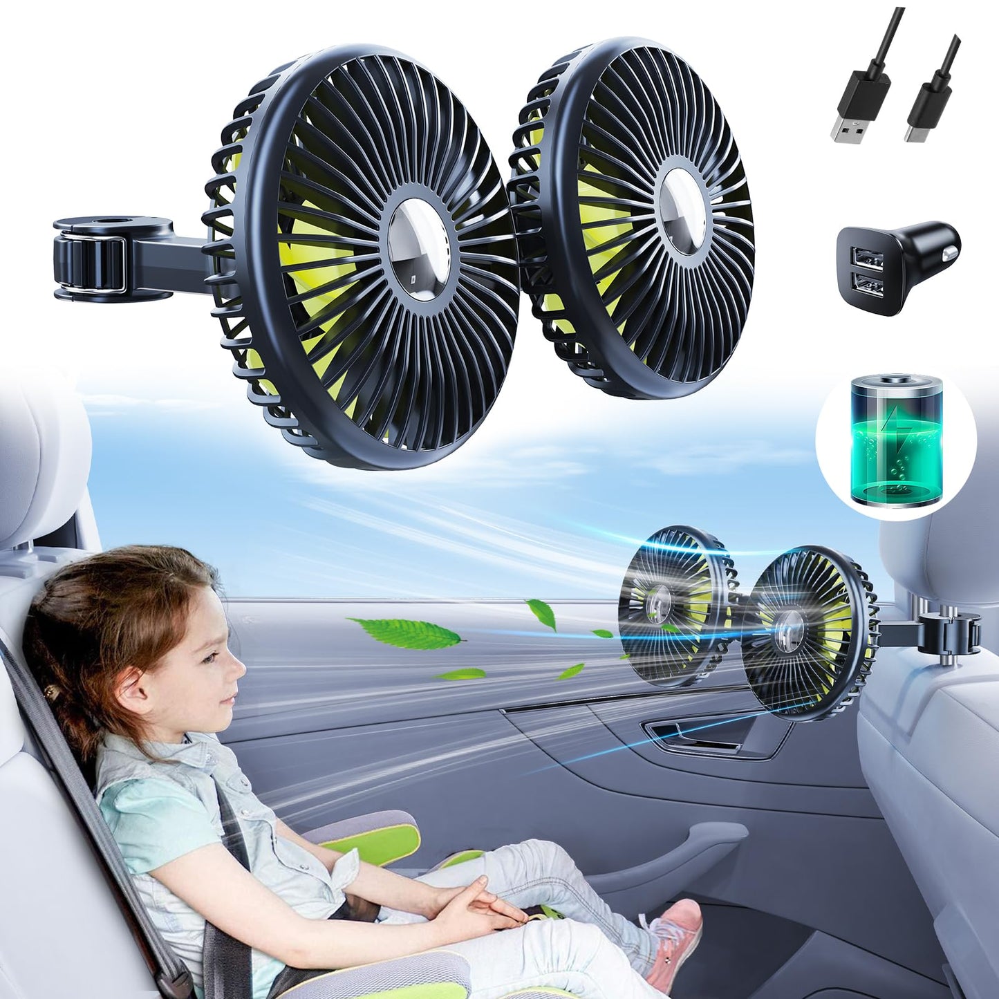 Auto-Rücksitzventilator mit einziehbarem Arm, 2000 mAh