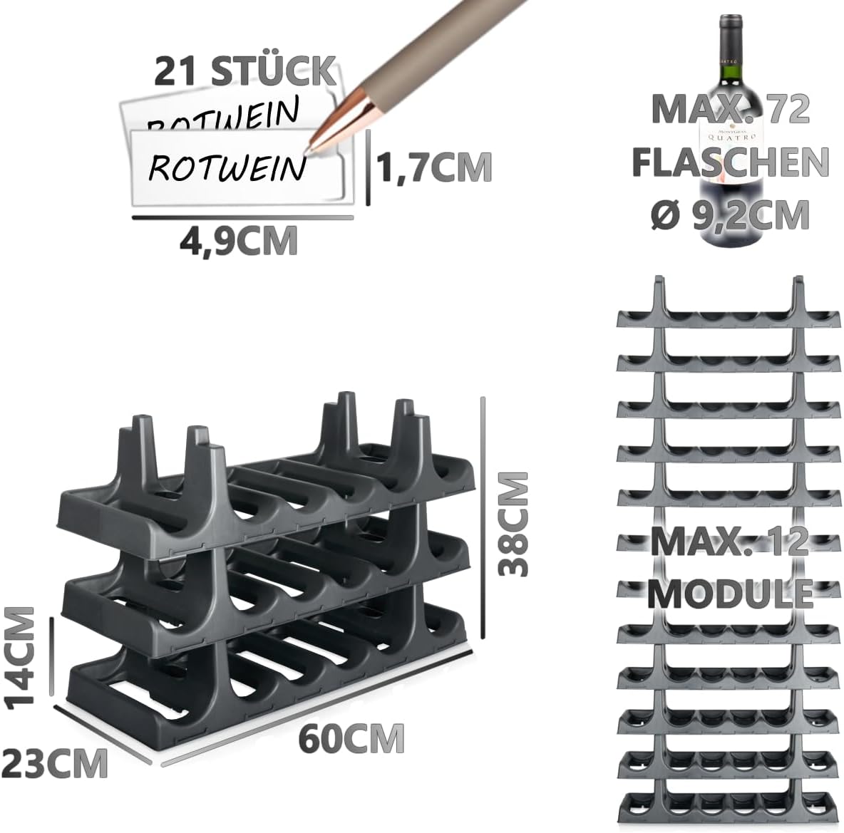 Stapelbares Weinregal für 18 Flaschen, Für 18 Flaschen