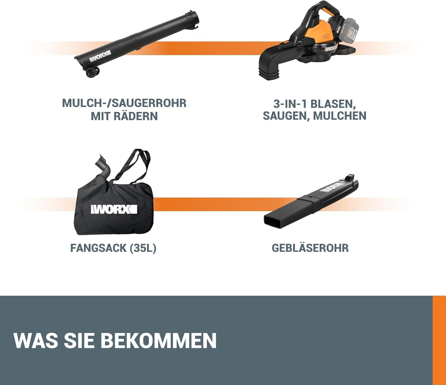 WG583E.9 Akku-Laubbläser, Fangsack 35L, 40V Akku Laubbläser + Laubsauger Ohne Akku + Ladegerät