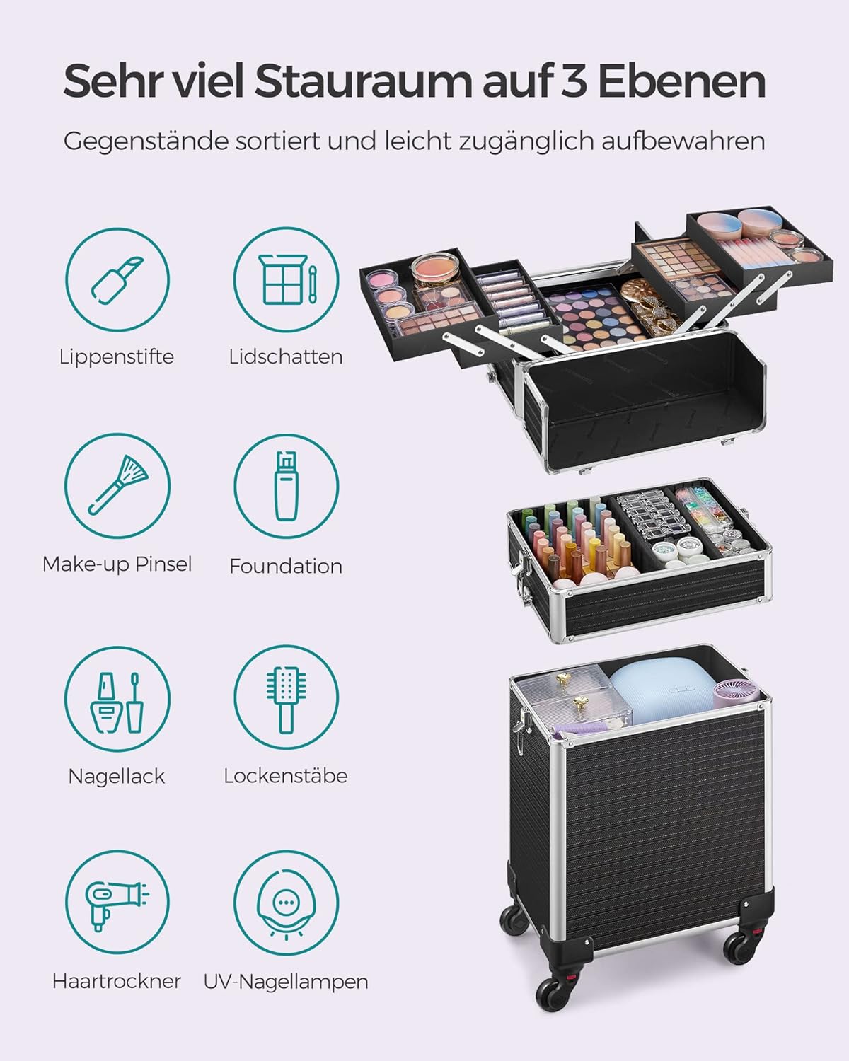 3-in-1 Kosmetikkoffer Trolley mit 360° Rollen, JHZ014B01, Schwarz 3 in 1 (34 x 24 x 70,5 cm)