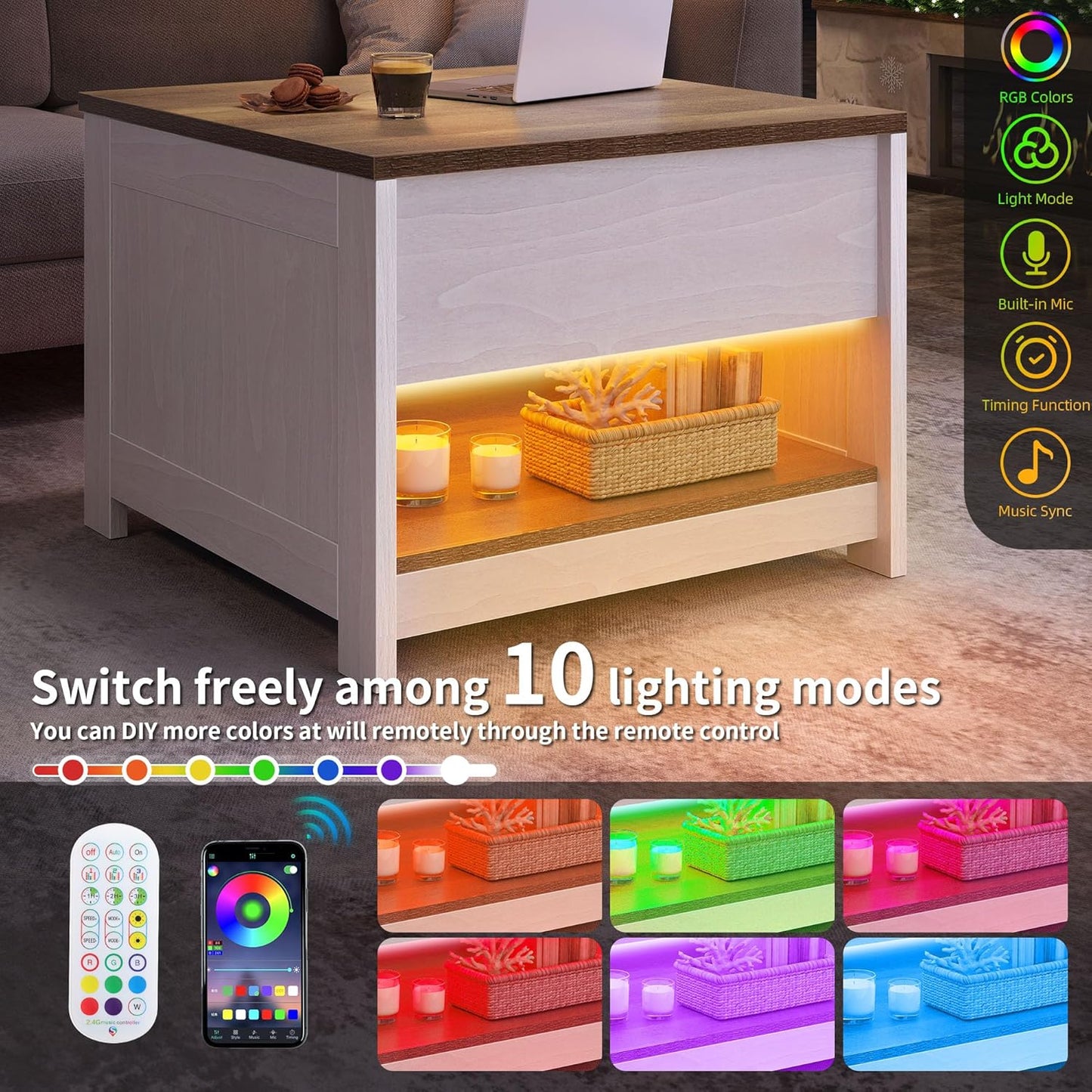 Couchtisch mit Hebeplatte und LED-Beleuchtung, 60 x 60 x 45 cm ; Anhebbar mit LED