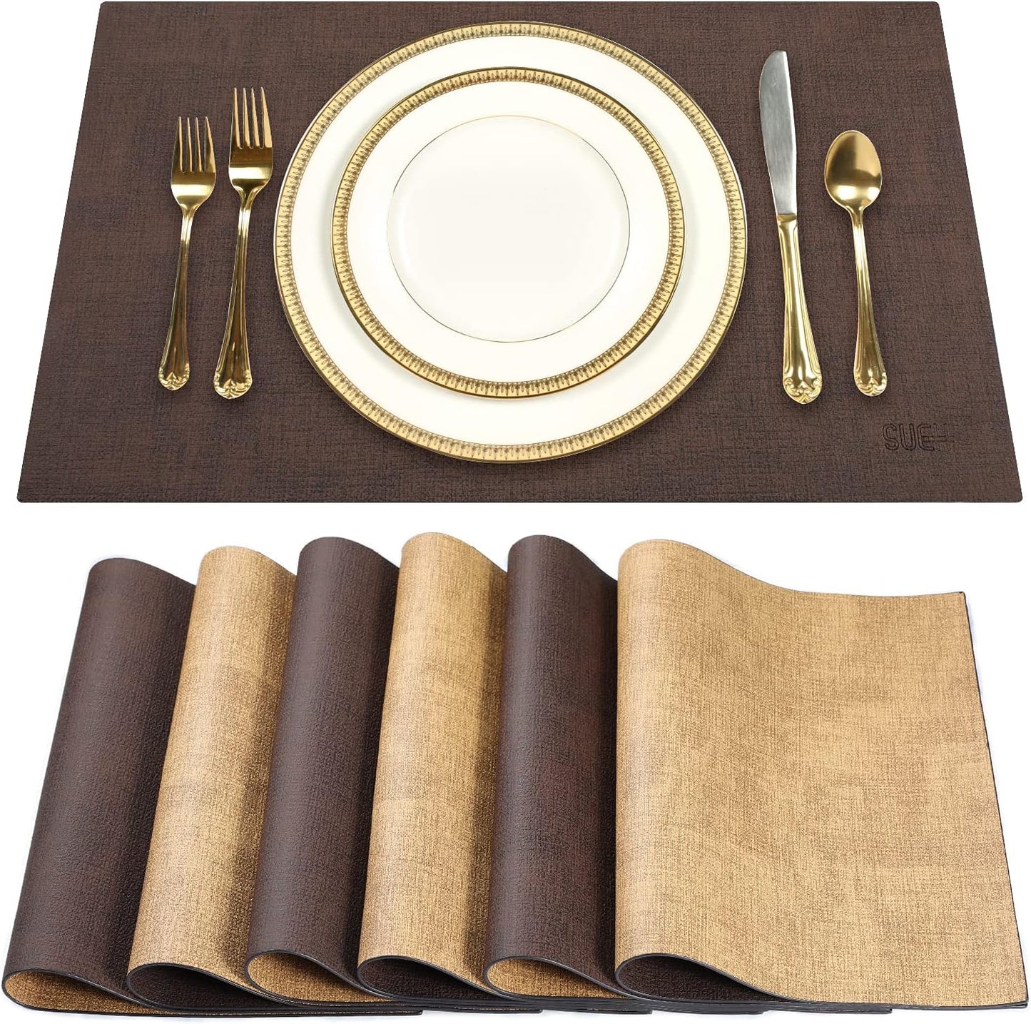 Leder Tischsets-Set (6 Stück, abwaschbar), 1.braun & Tan