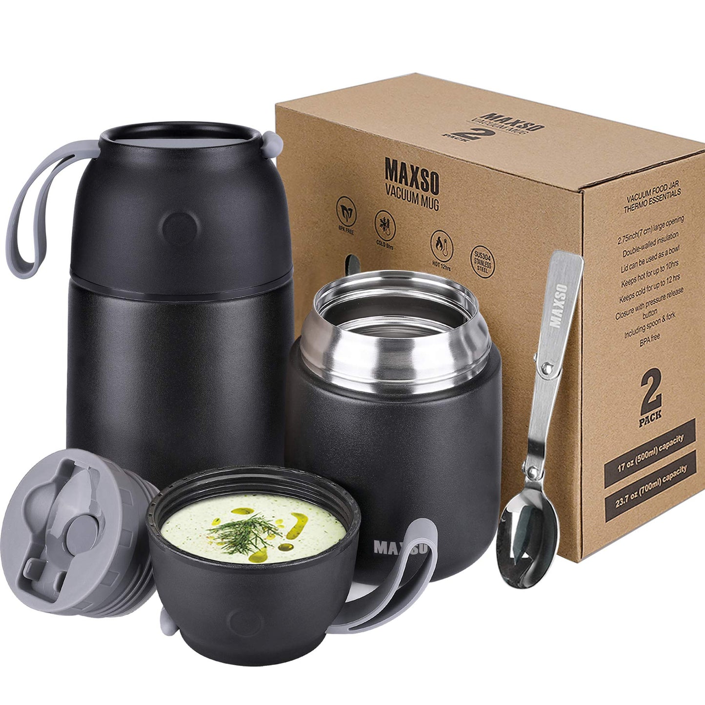 Thermobehälter-Set mit Löffel, 500ml + 700ml, Schwarz 500 ml + 700 ml