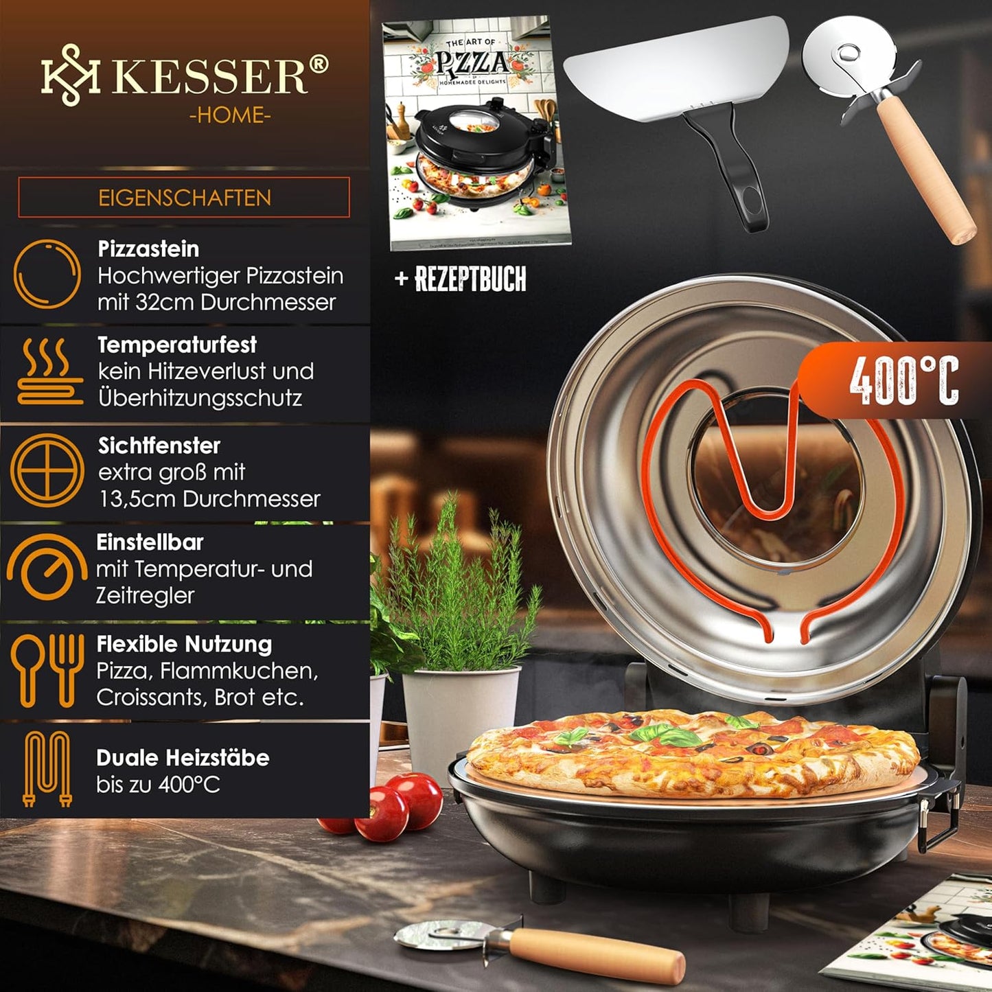 Pizza-Ofen mit feuerfester Steinplatte & Timer, Schwarz