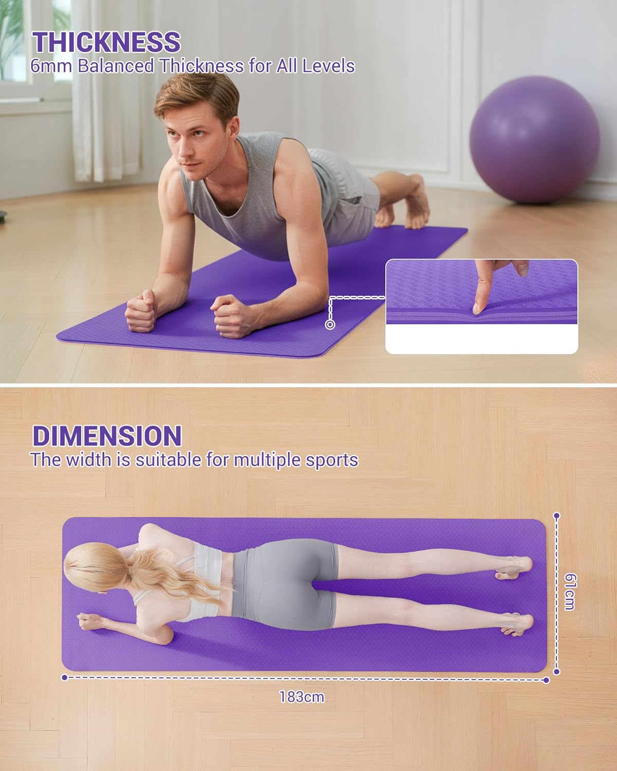 Gymnastik- und Yogamatte mit Tragegurt, Dunkellila/Helllila