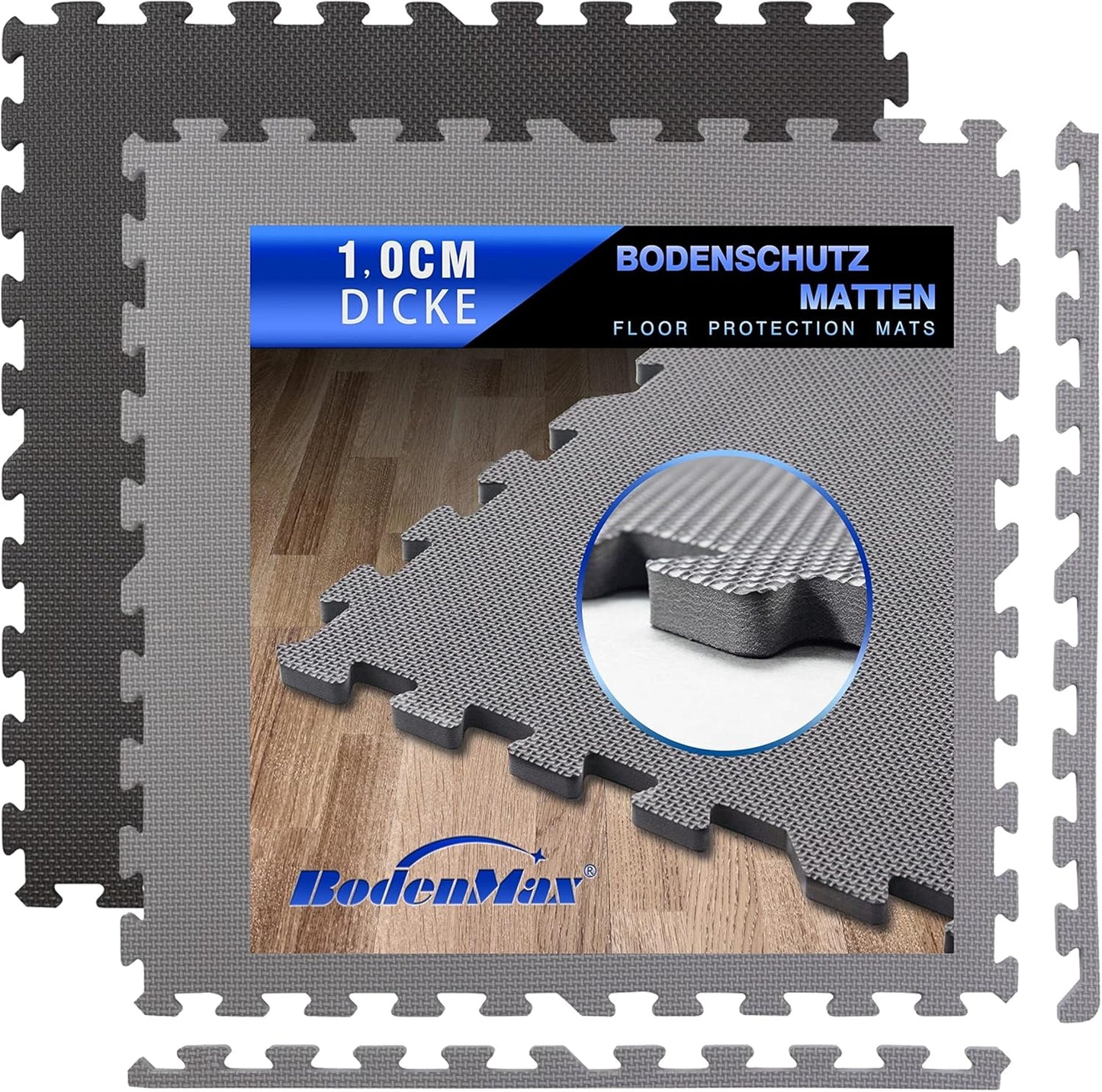 Bodenschutzmatte für Fitness & Heimtraining, 12 Stück = 4.32 M² - Grau