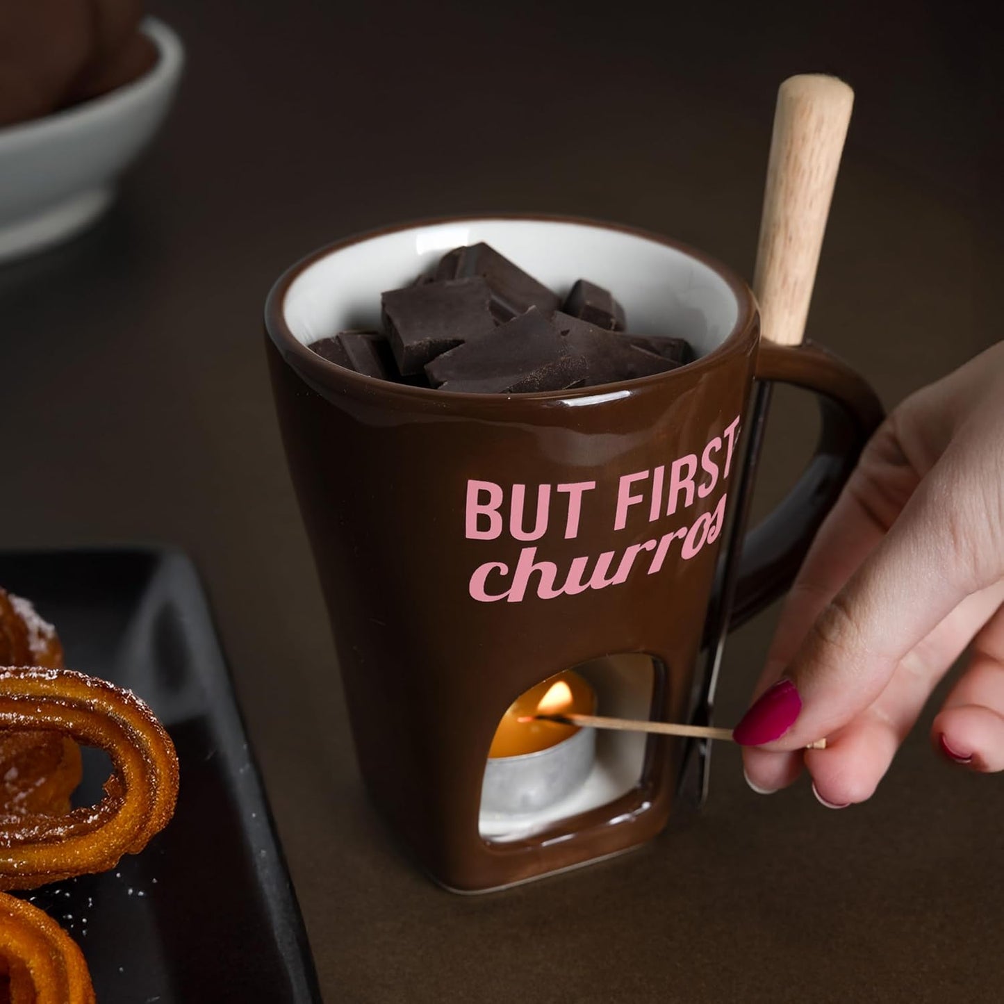 Fondue Tasse mit Gabel, Churros, Braun