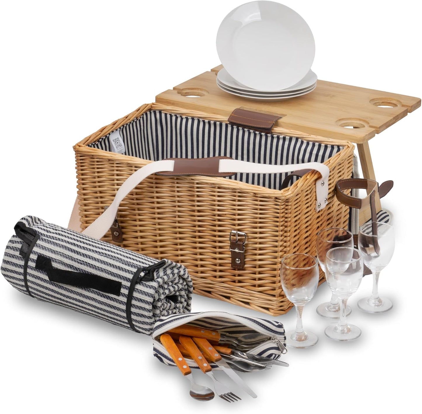 Picknickkorb-Set für 4 Personen, Blau/Weiss Gestreift