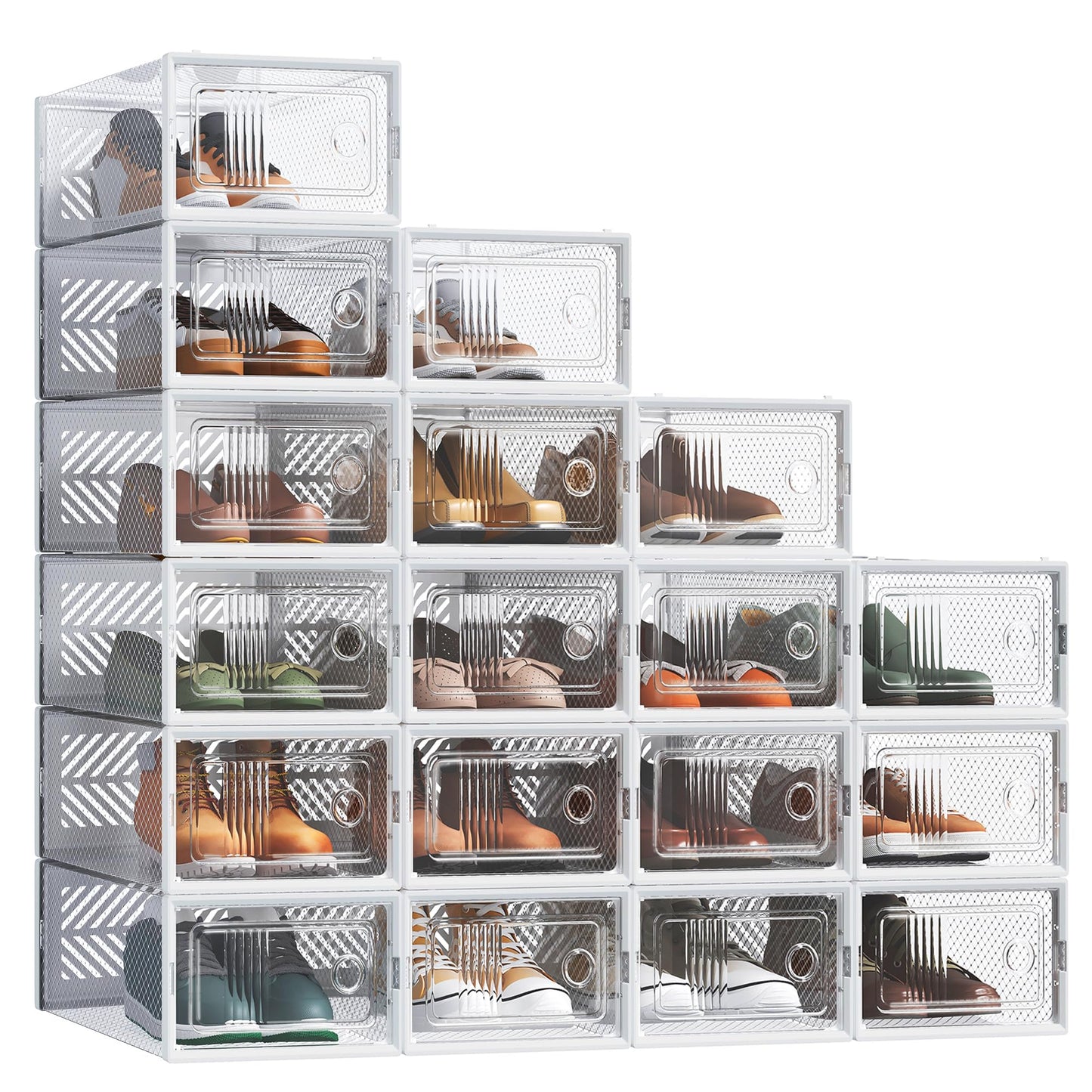Schuhaufbewahrungsboxen-Set (18er, stapelbar), 18er Set Transparent + Weiss