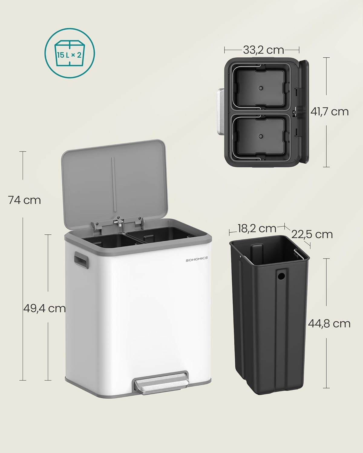 Mülltrennsystem LTB544W02, wolkenweiss 30 L
