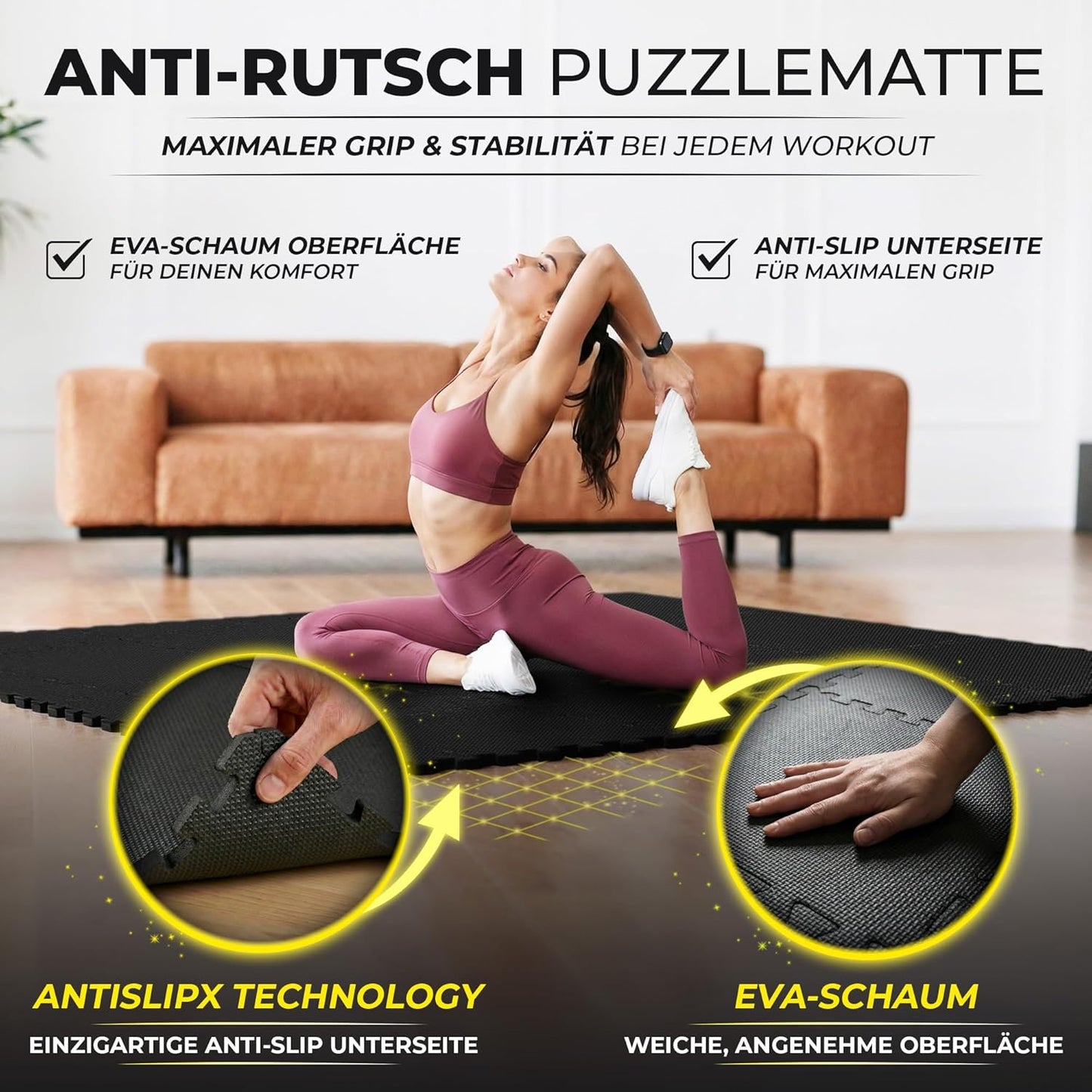 18-teiliges Bodenschutzmatten-Set für Fitness und Gymnastik, Anthracite | 1-side Antislipx | 18 Matten | 1,67 M² 32L x 32B x 1D cm