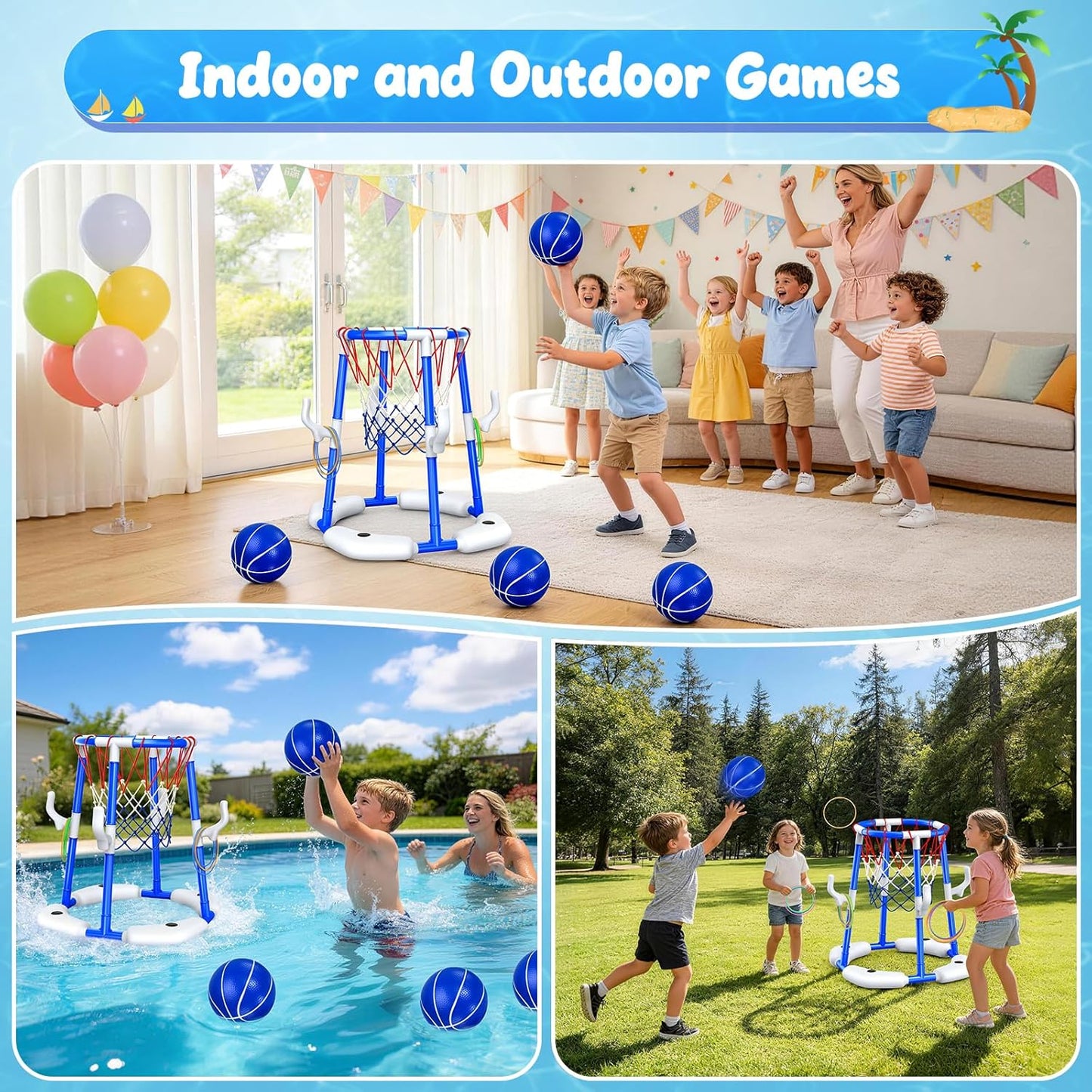 Pool-Basketballkorb-Set mit 4 Bällen und 12 Ringen