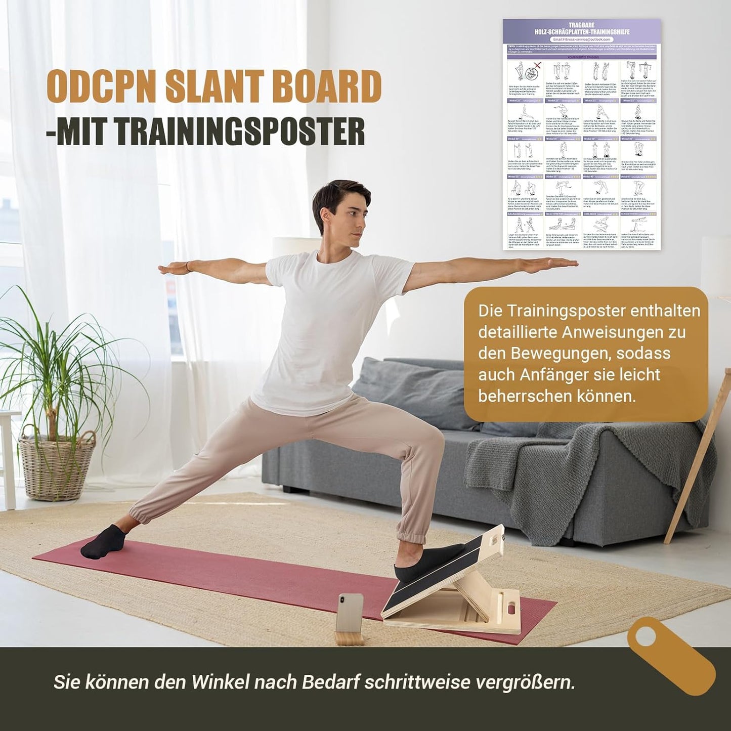 Verstellbares Schrägbrett mit Trainingsposter und Bändern