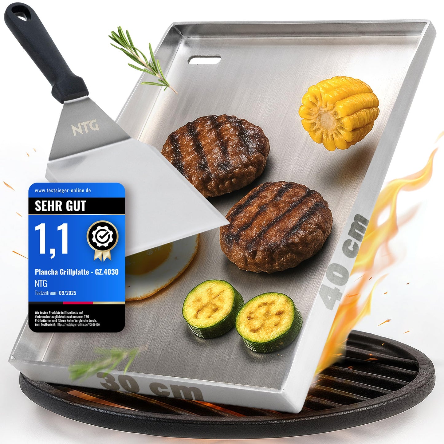 Grillplatte mit Fettablauf und Grillspachtel