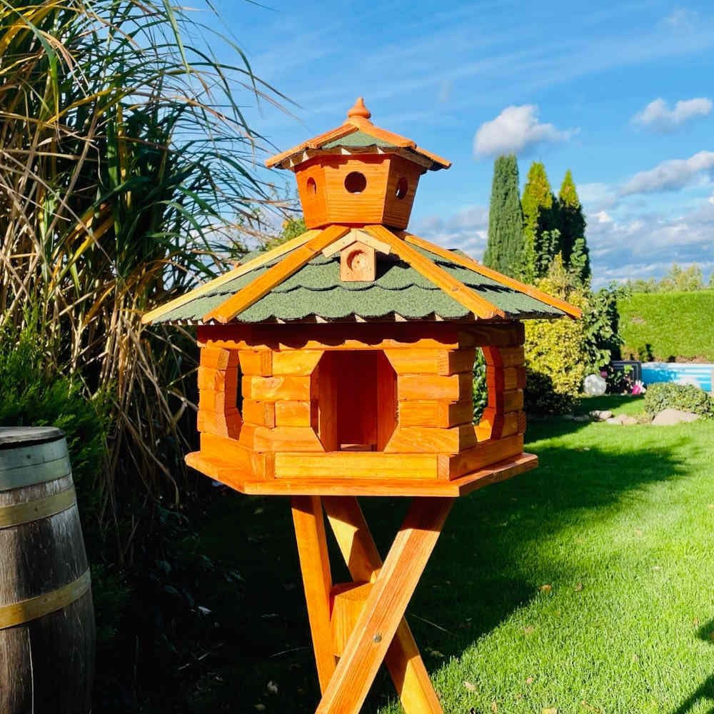 Sechseck Vogelhaus wetterfest XXL mit Ständer, Grösse XXL mit Ständer Grün - Braun