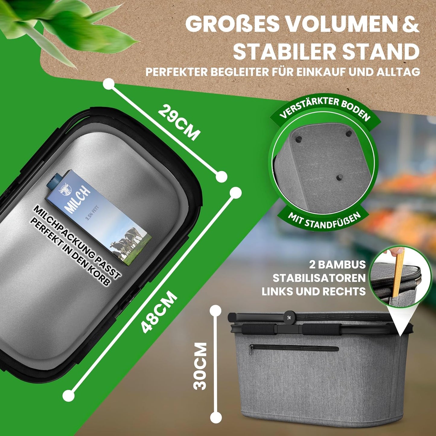 Thermo Einkaufskorb Kühltasche mit Reissverschlussfach, Grau