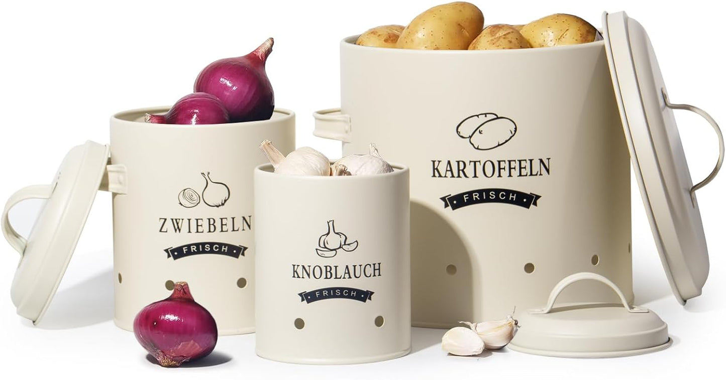 Kartoffel-, Knoblauch- und Zwiebeltopf-Set im Retro-Design, Beige