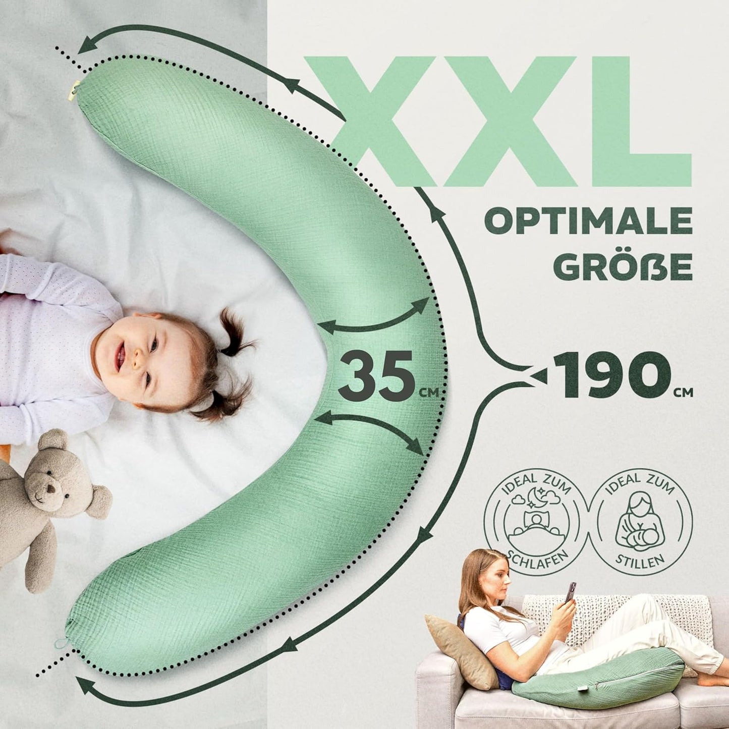XXL-Stillkissen mit Musselin-Bezug, 190x35 cm, Musselin Mint Stillkissen 190x30