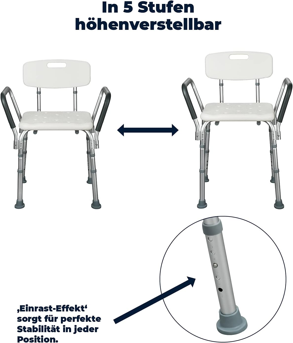 Höhenverstellbarer Duschstuhl mit Arm- & Rückenlehne, rechteckig mit Arm- & Rückenlehne