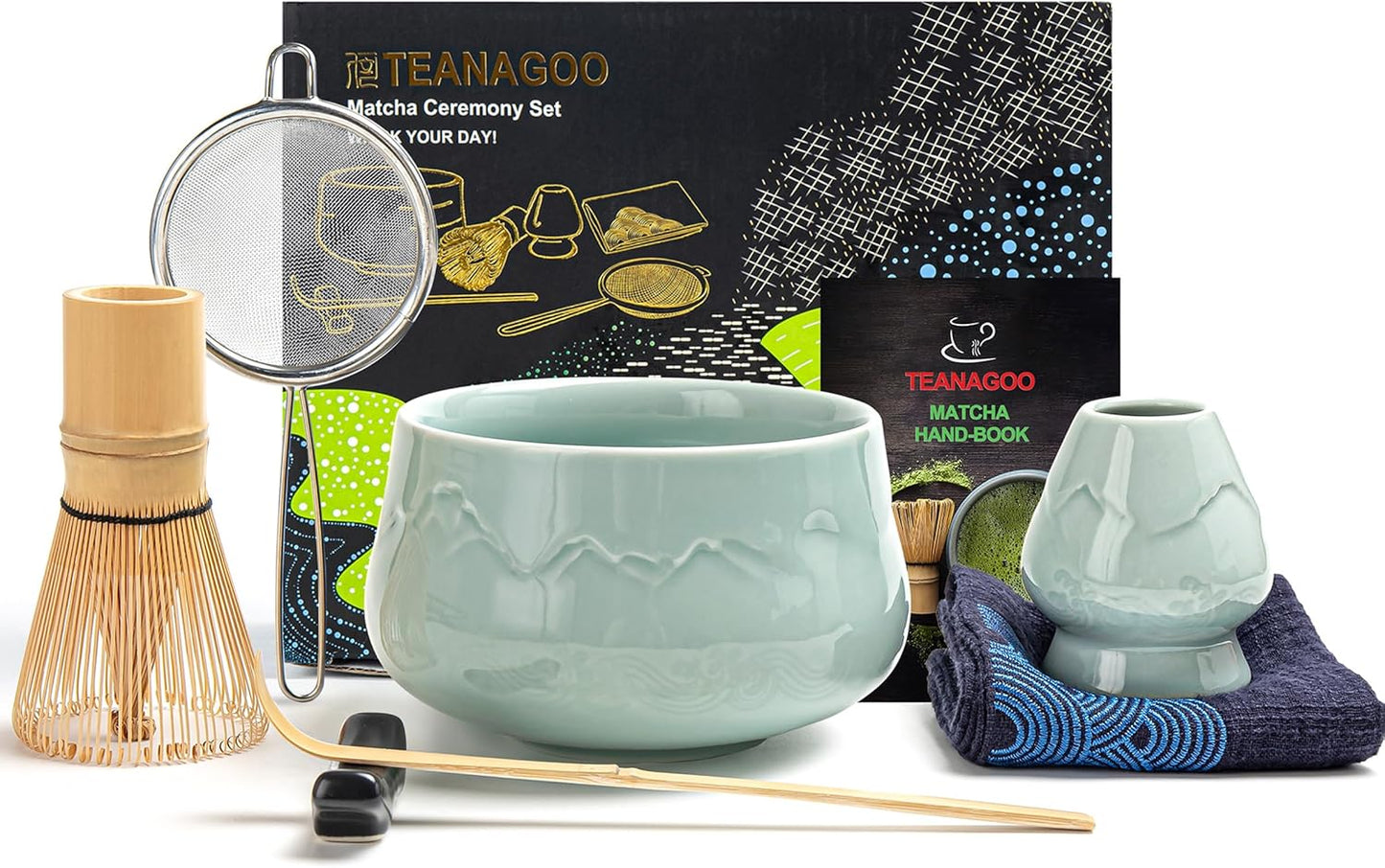 7-teiliges Matcha Tee Set mit Besen und Zubehör, Berge und Meere schnitzen Celadon Blau