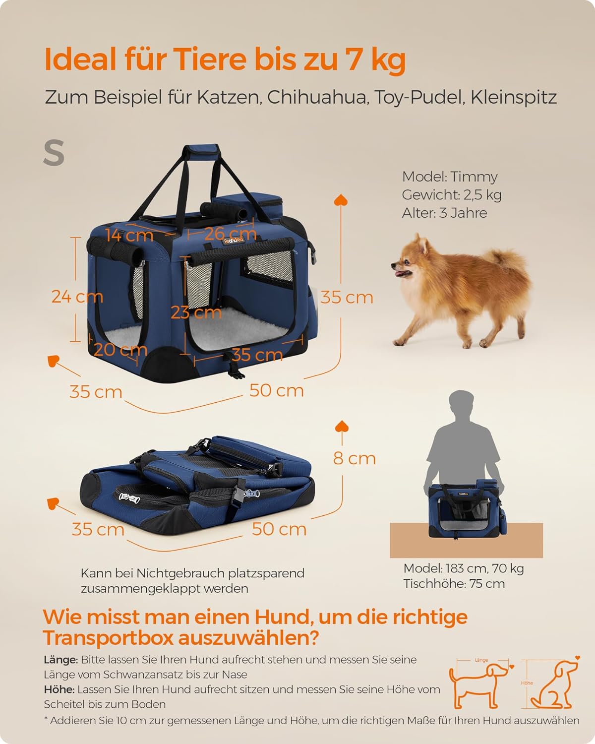 Faltbare Hundetransportbox, Dunkelblau L 50 x B 35 x H 35 cm