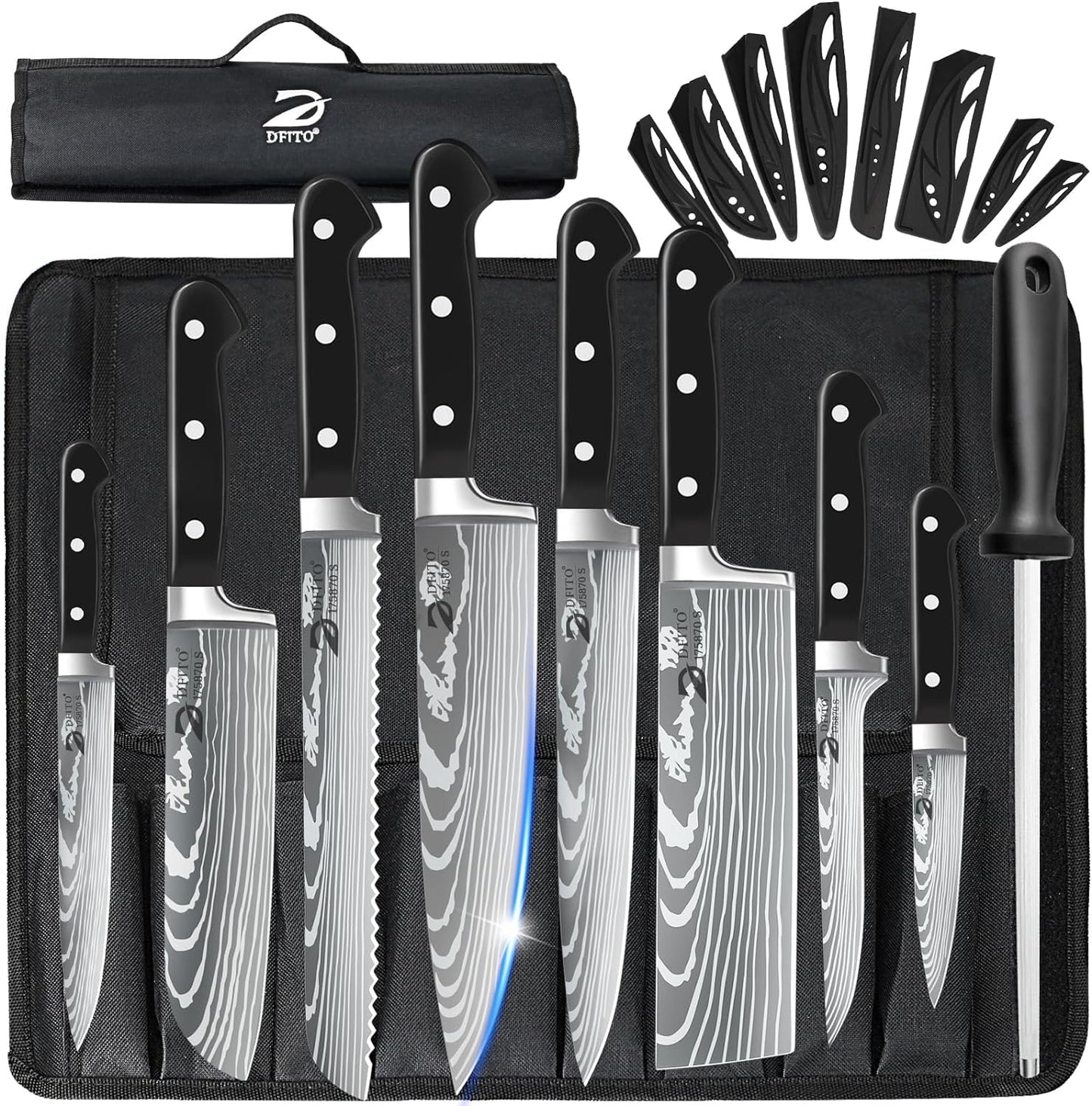 Messerset mit Rolltasche, Schwarz Griff 8pcs