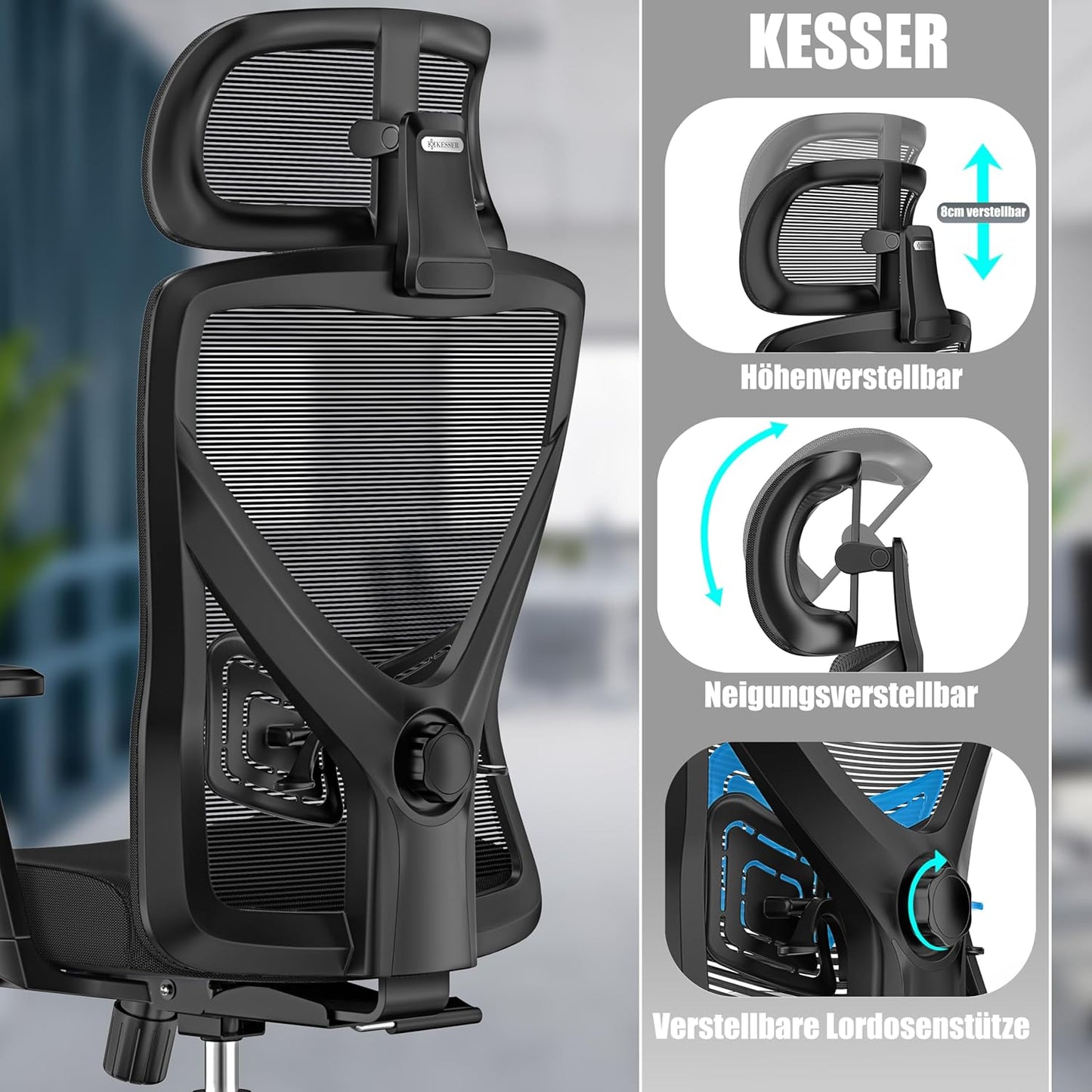 Ergonomischer Bürostuhl mit Wippfunktion, Schwarz / Silber
