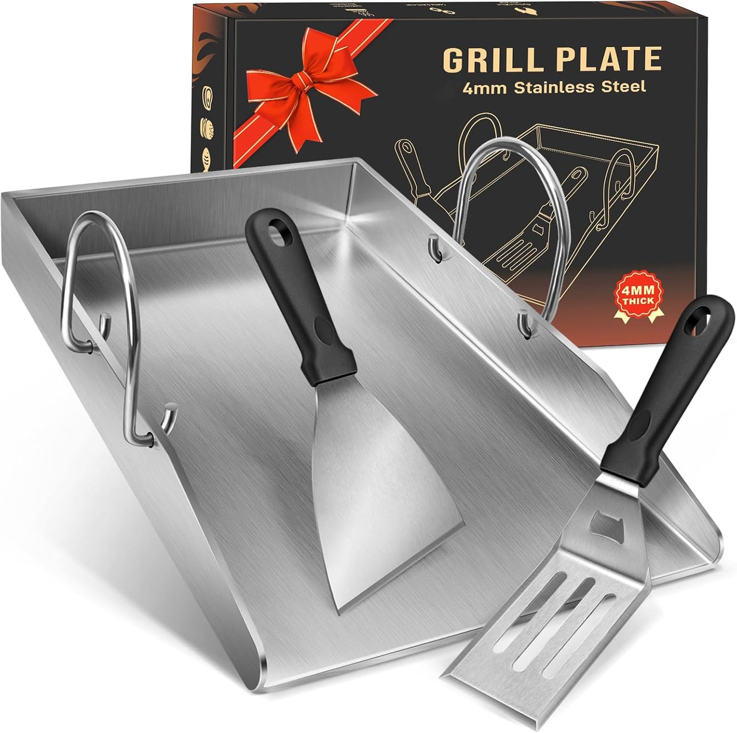 Grillplatte Plancha mit Grillspachtel-Set, Drei Kanten
