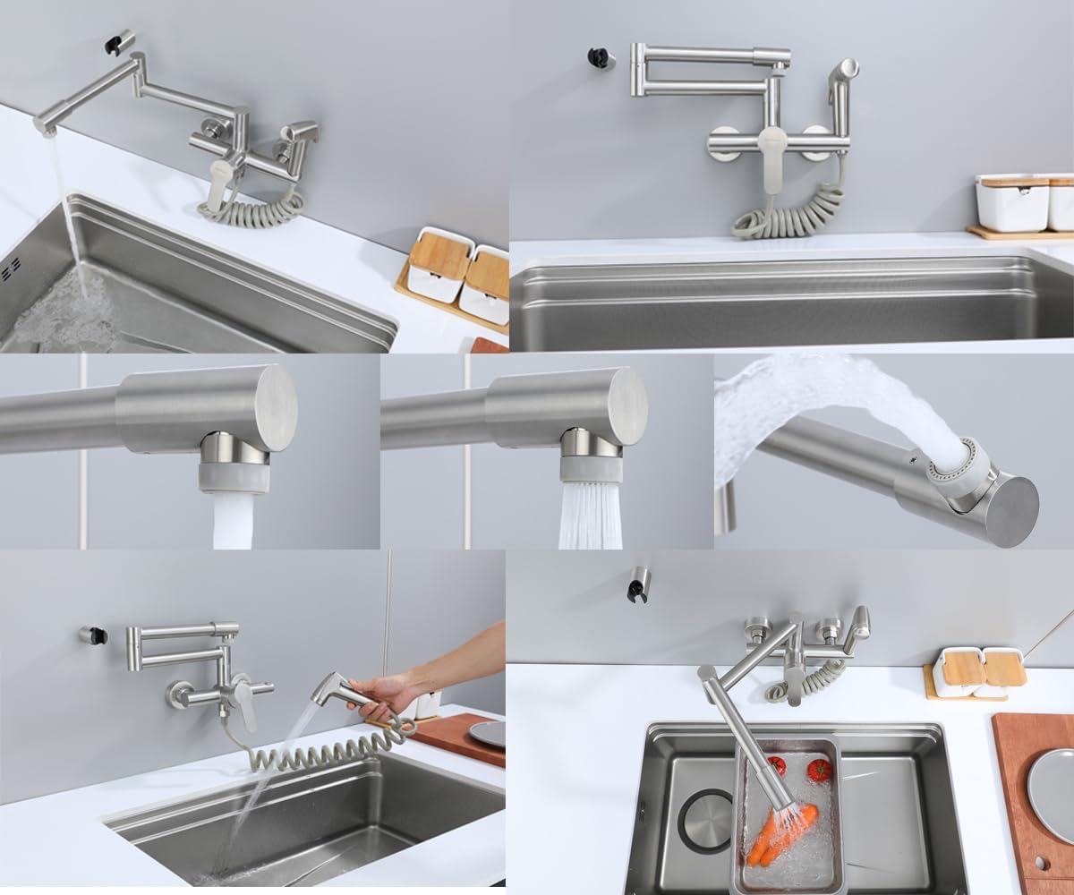Faltbare Küchenarmatur zur Wandmontage mit 360° Drehrohr, Folded Wall Mounted Brushed Nickel
