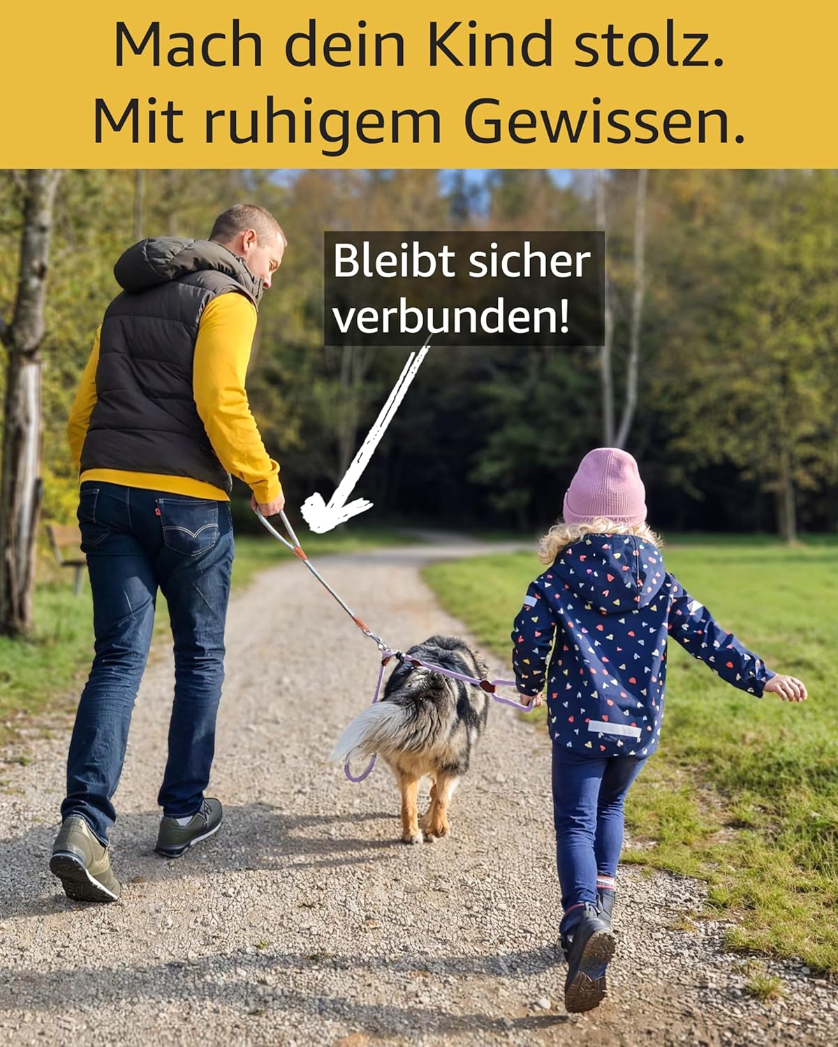 Kindersichere Hundeleine mit Magnetschlaufe, 65cm + 70cm (Kinderschl.) und 54cm (Elternschl.) / Flieder Lila - Mint