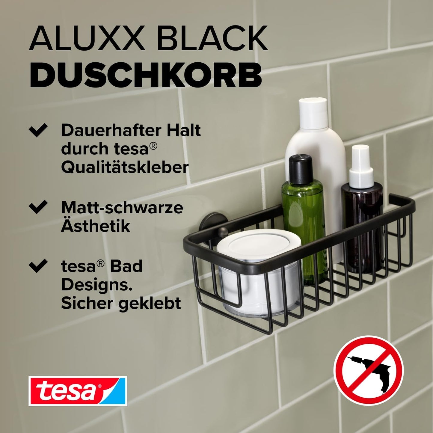 ALUXX BLACK Duschkorb inkl. Klebelösung ohne Bohren, Duschablage