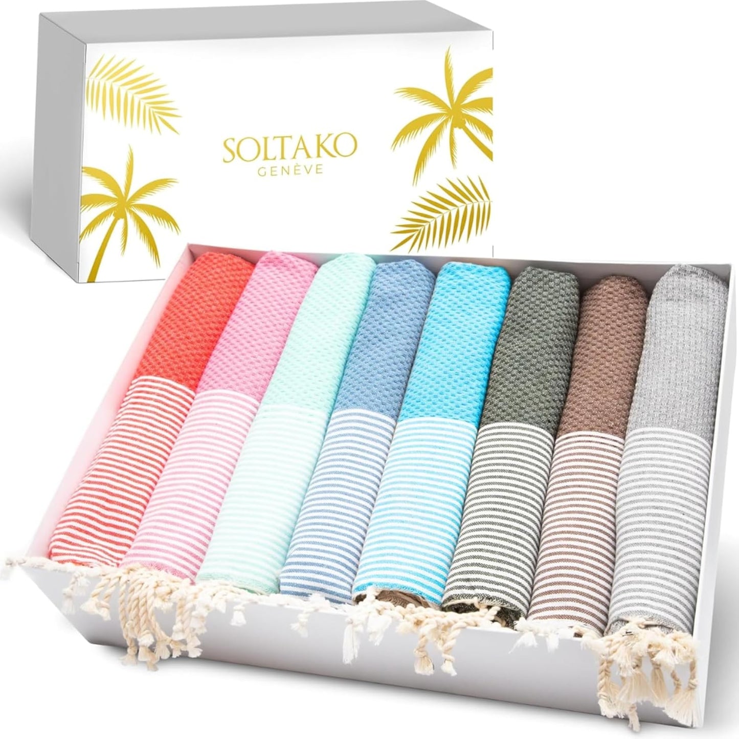8er-Set Hamamtuch, Hellblau/Mint/Koralle/Kirschblütenrosa/Khaki/Aqua/Taupe/Pastellgrau 8