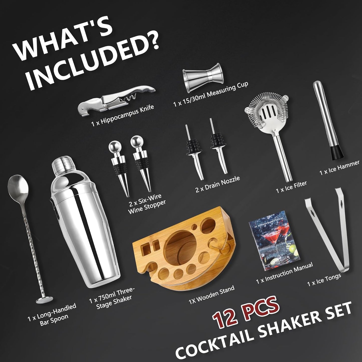 Cocktail Shaker Set mit Bambusständer (12-teilig), Silber-12 Stück