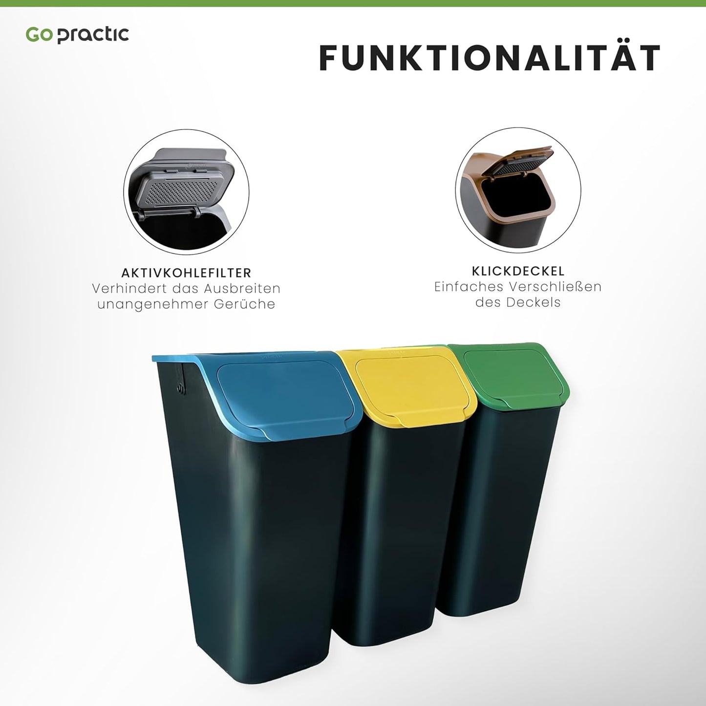 3-teiliges Mülltrennsystem, 3 x 35L Blau Grün Gelb