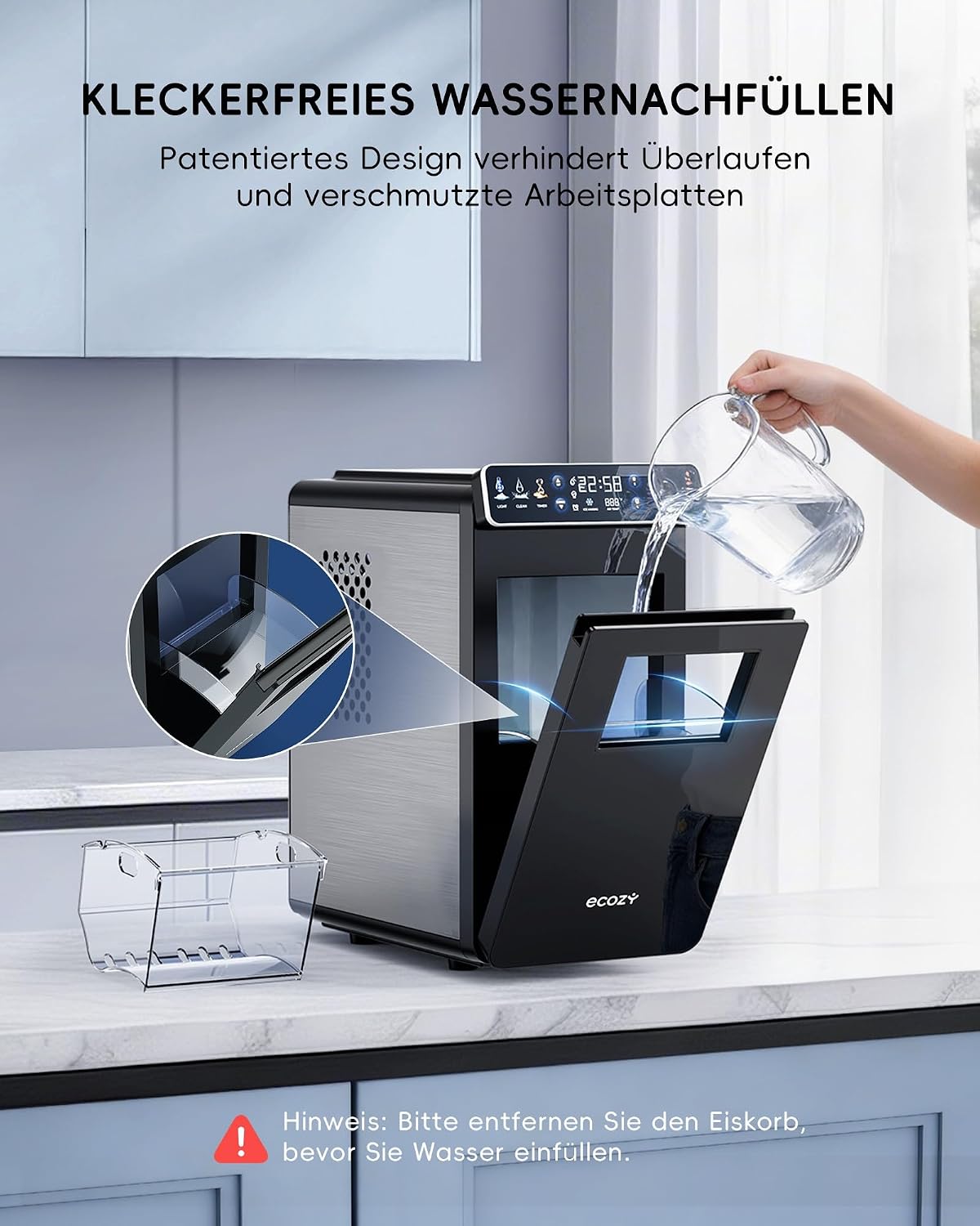 Tragbare Eiswürfelmaschine mit Timer und Reinigung, Schwarz