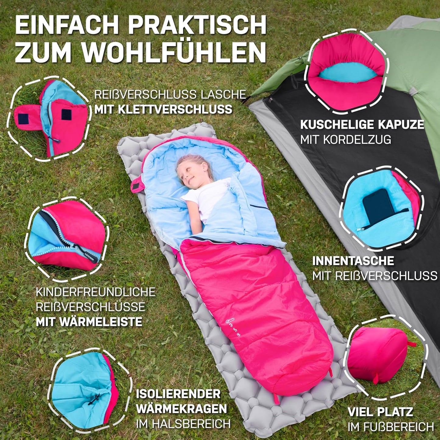 Kinderschlafsack Mumienschlafsack bis 145 cm, Rosa/Eisblau