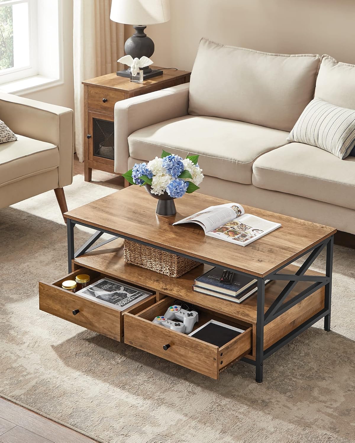 Couchtisch im Industrie-Design mit Schubladen, Braun