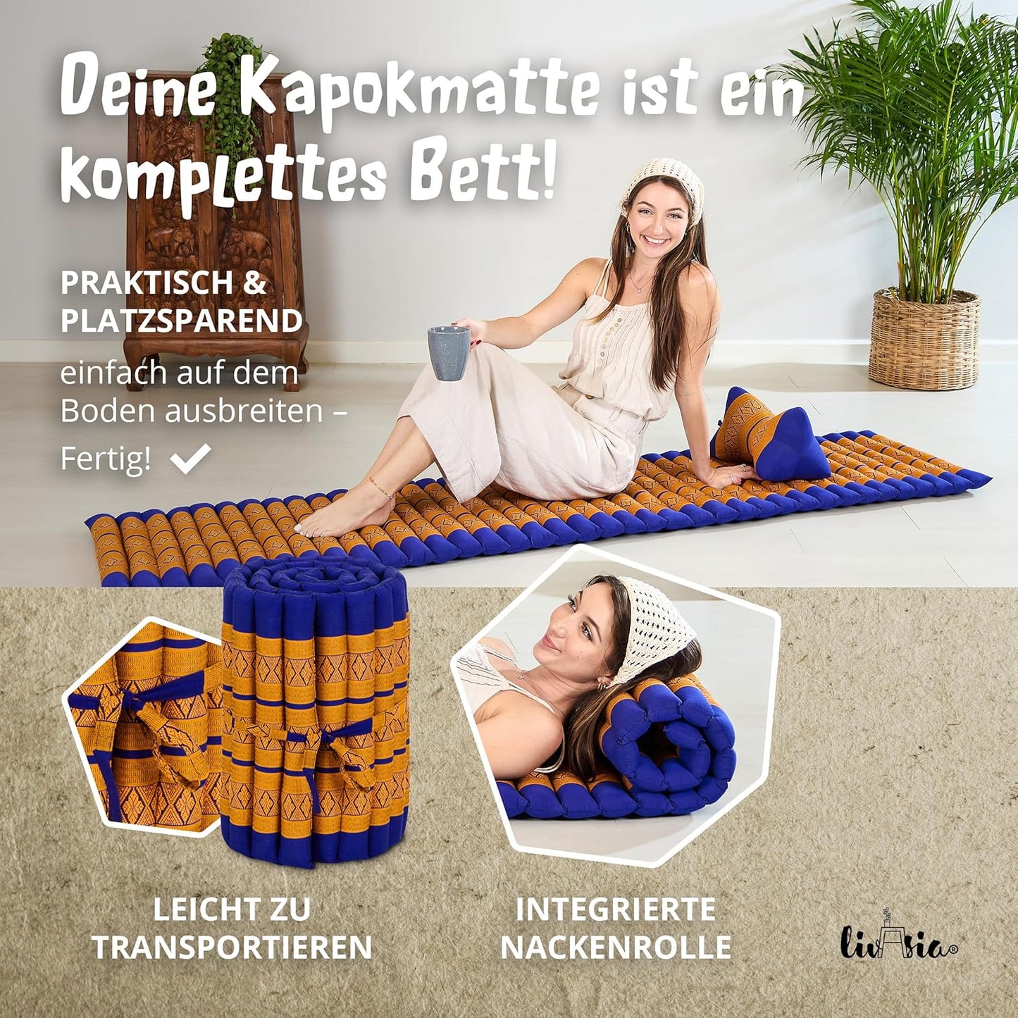 Rollmatratze Rollmatte für Gäste & Reisen (200x50x4,5cm), S (200 x 50 cm) Blau/Gelb