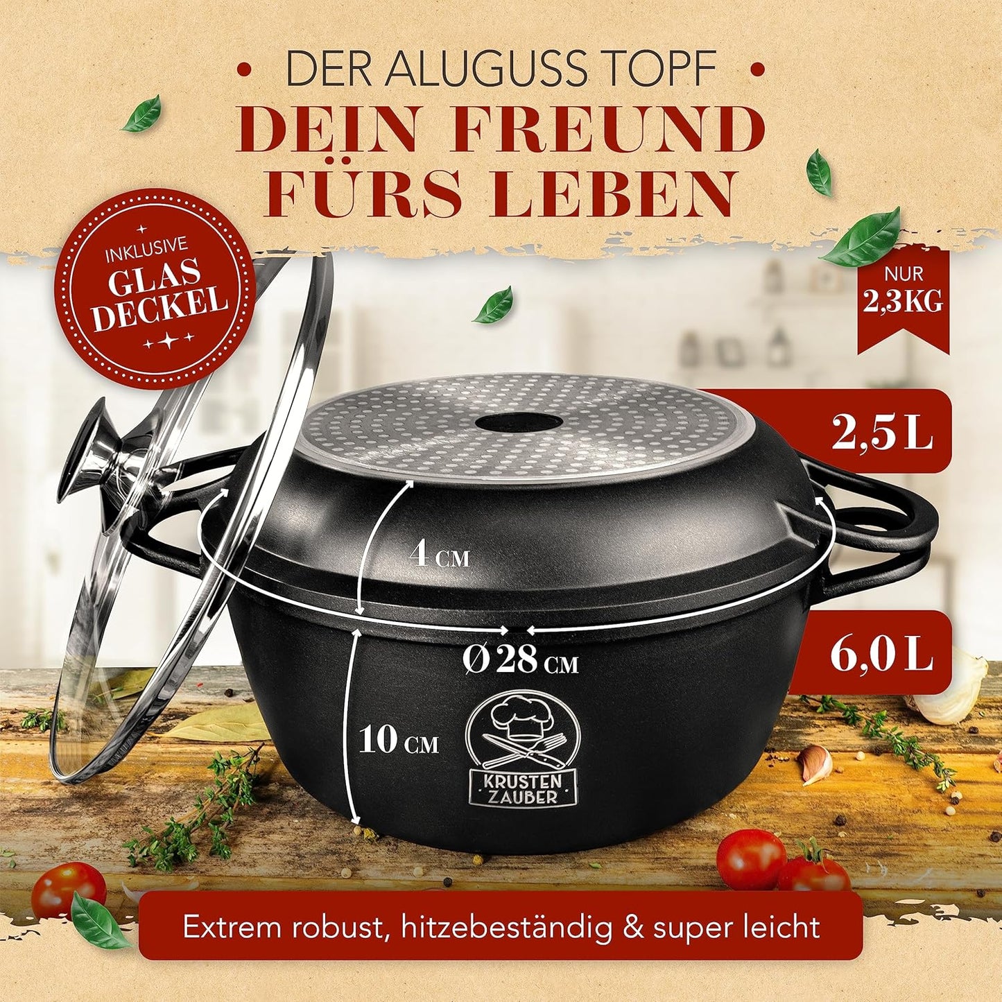 Bräter mit Deckel und Glasdeckel, backofengeeignet, Schwarz 28cm