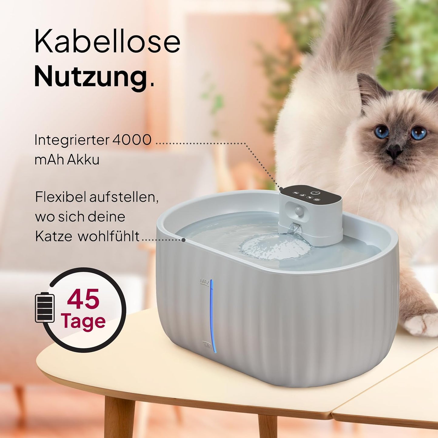 Kabelloser Katzenbrunnen mit Bewegungsmelder, Grau 3L