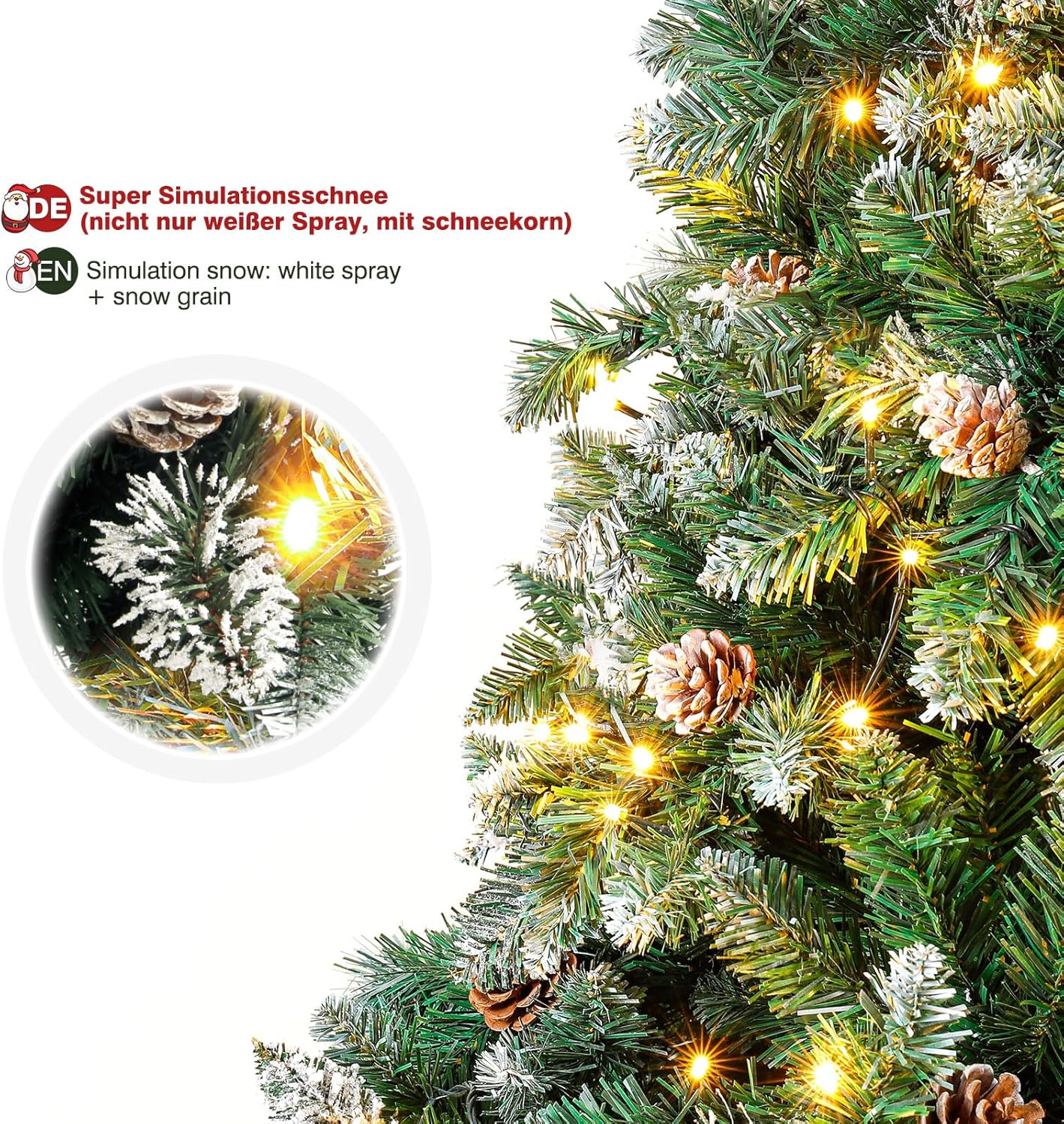 Künstlicher LED-Weihnachtsbaum mit Schneeoptik und Tannenzapfen, 150cm