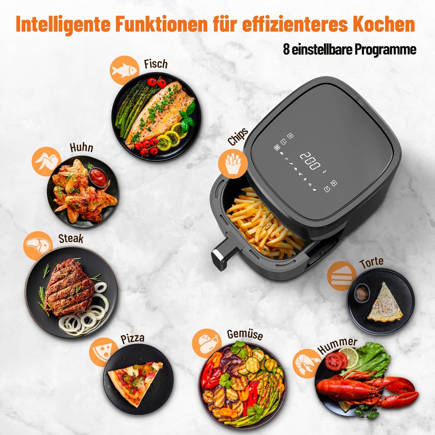 Heissluftfritteuse mit Touchscreen, 8 Programme, 6,2 L, 6,2 L