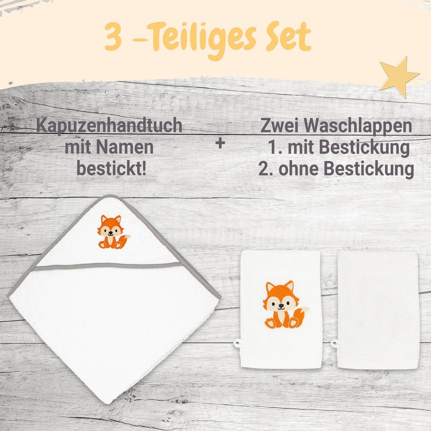 3-teiliges Baby Kapuzenhandtuch-Set mit Waschlappen, Fuchs-Motiv, 100 x 100 cm, Fuchs Weiß 100 x 100
