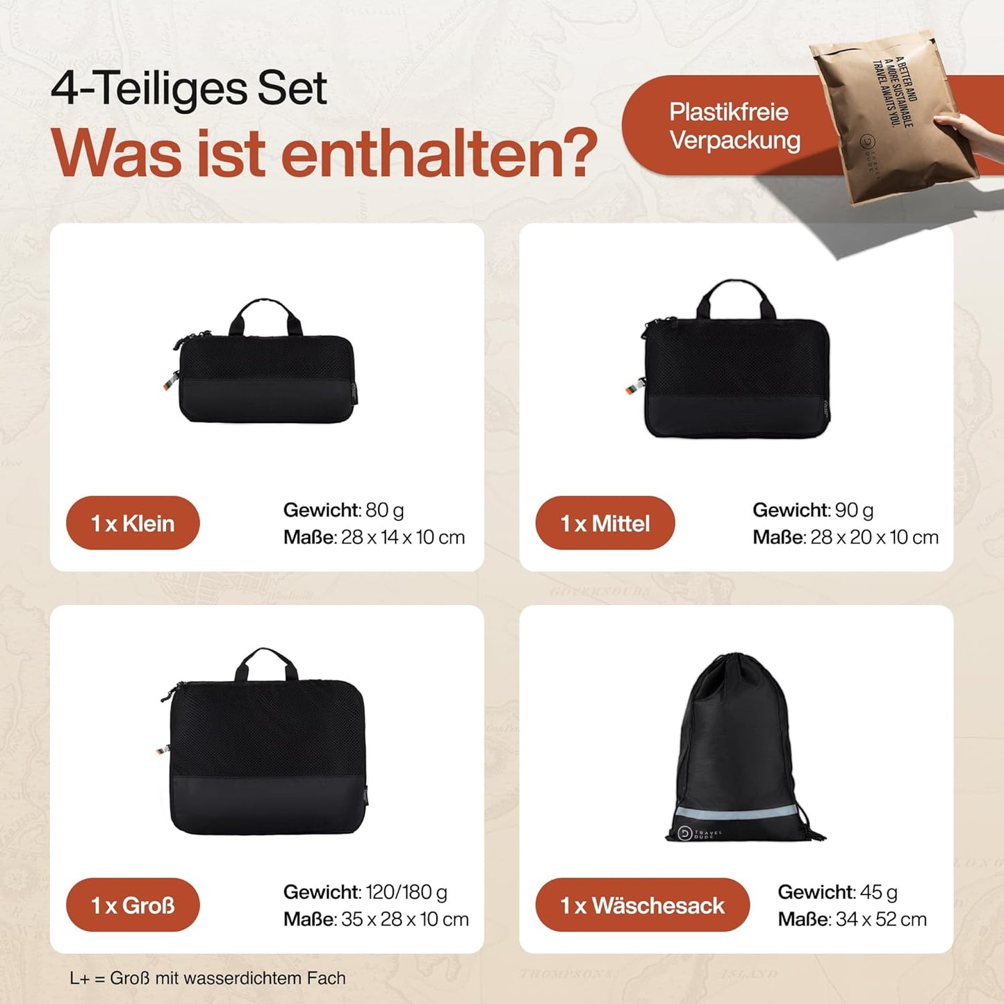 4-teiliges Packwürfel-Set, Schwarz 4-teiliges Set