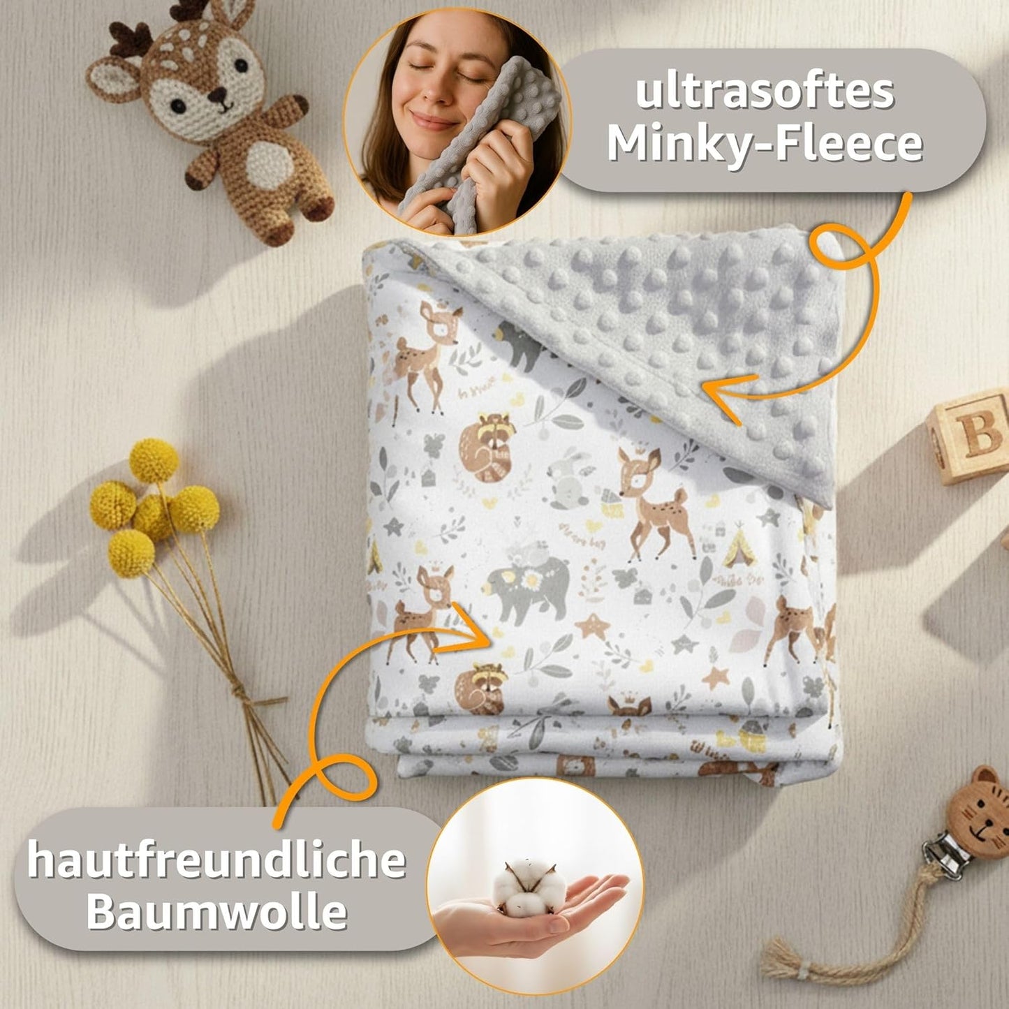 Einschlagdecke für Babyschale und Autositz, Beige mit Weiß Sternen Ganzjahres