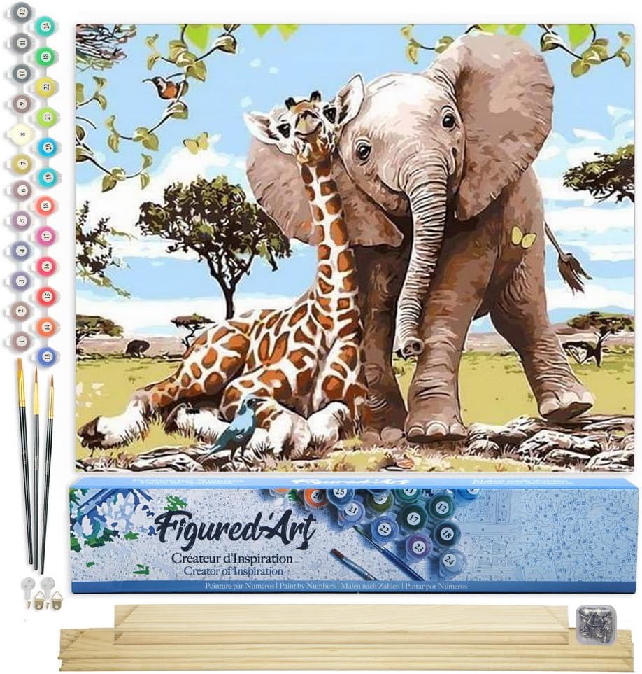 Malen nach Zahlen Elefant und Giraffe, Elefant und Giraffe 40x50cm Mit Keilrahmen (nicht gespannt)